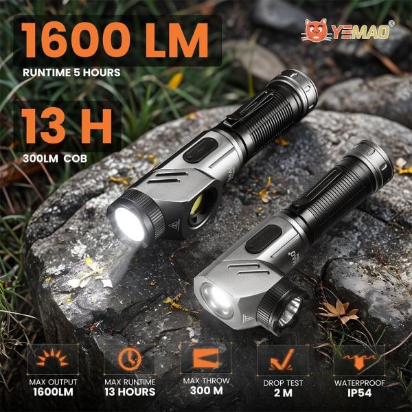 Ліхтар YEMAO YM-F303X, 1600LM, 2x21700 (2x5000 mAh), поворотна голова
