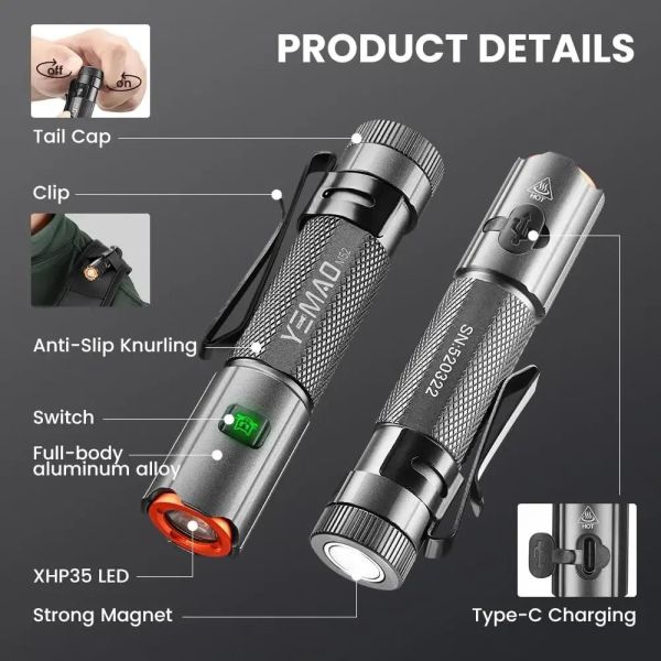 Тактичний ліхтарик YEMAO YM-M52, 1500LM, акумулятори 2x14500 (2x1200 mAh)