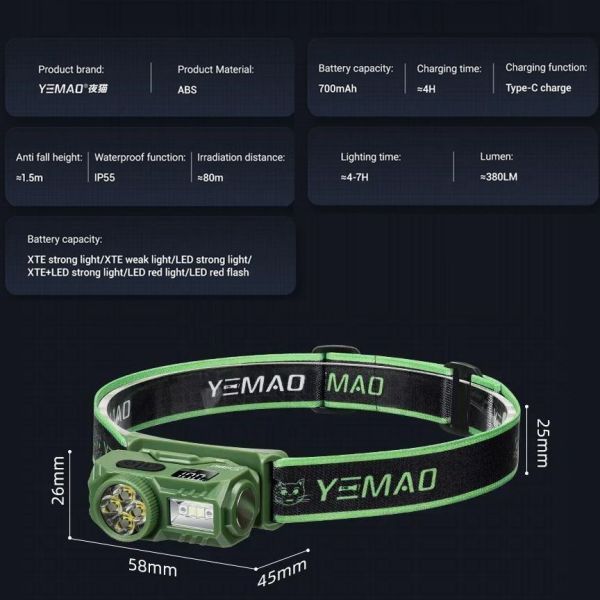 Налобний ліхтар YEMAO YM-T614 — 380 лм, акумулятор 700 мА·год, з червоним світлом