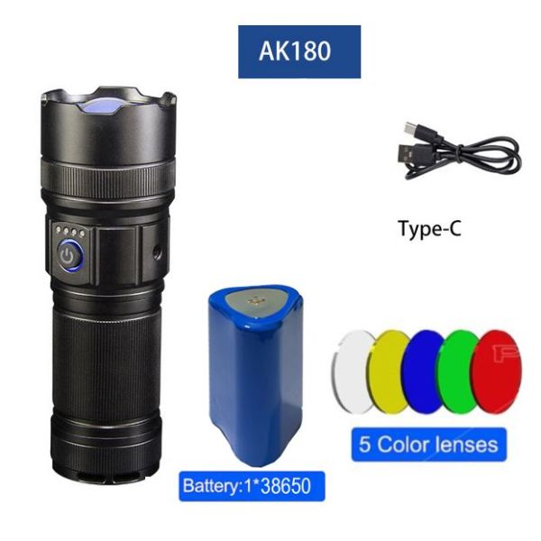 Ліхтар AK180 WHITE LASER LED PM30-TG, 1х38650, Power Bank, ЗУ Type-C, zoom, 5 фільтрів