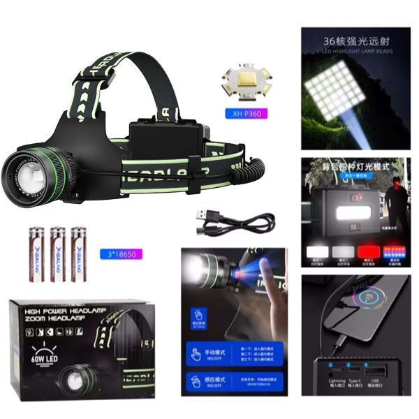 Ліхтар налобний TD-XI-TG-60W, Motion Sensor, 3x18650, Power Bank, ЗП Type-C, zoom