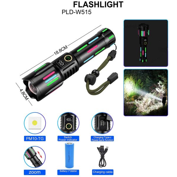 Ліхтар NIGHT VISION FLUORESCENCE W515-PM10-TG, індикація заряду, 1x26650, ЗП Type-C, zoom, Box