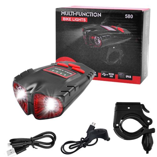 Велодзвінок + фара 580-2T6, 120 LUMEN, виносна кнопка, ЗУ micro USB
