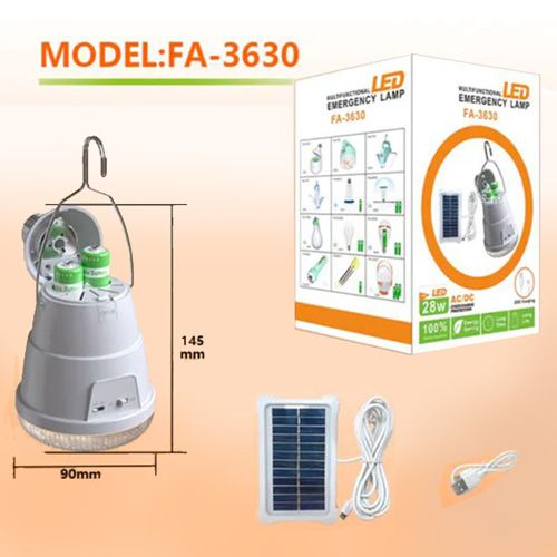 Світлодіодна LED лампочка з акумулятором FA-3630, 28W, E27, 2x18650, сонячна панель, гачок, ЗУ microUSB