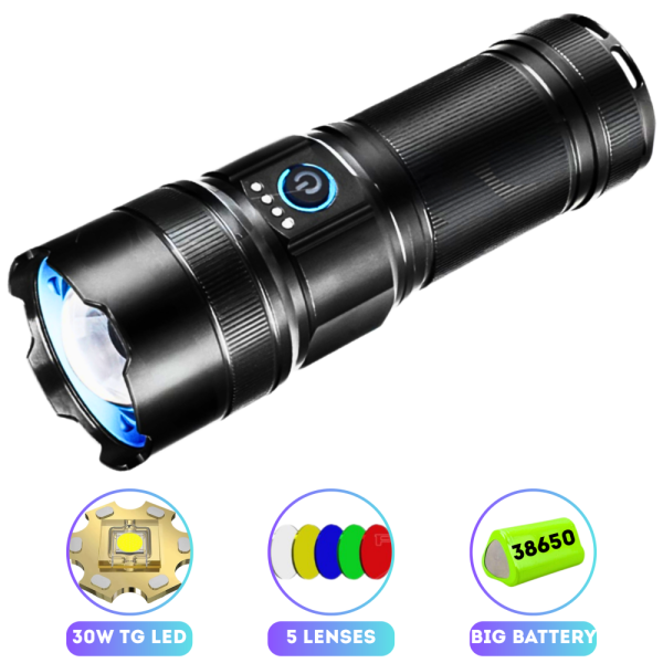 Ліхтар AK180 WHITE LASER LED PM30-TG, 1х38650, Power Bank, ЗУ Type-C, zoom, 5 фільтрів