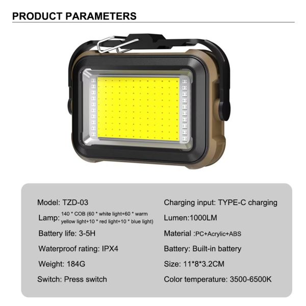 Ліхтар кемпінг TZD-01-COB(White+Yellow+Red+Blue)-PRO, Power Bank, Li-Ion акк., сонячна батарея, ЗП Type-C, магніт, гачок, Box