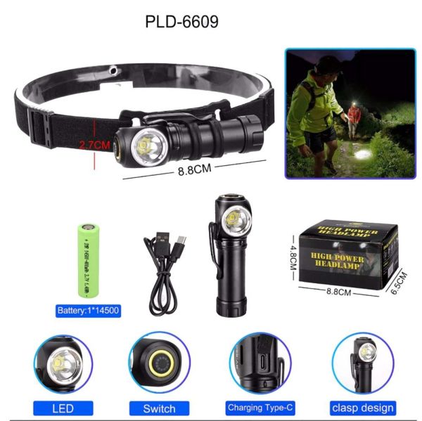 Ліхтарик Г-подібний налобний 6609-LED, ЗУ Type-C, 1x14500, Box