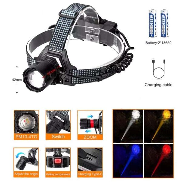 Ліхтар налобний 8505 WHITE LASER LED PM10-4TG (White+Yelloe+Blue+Red), 2x18650, ЗУ Type-C
