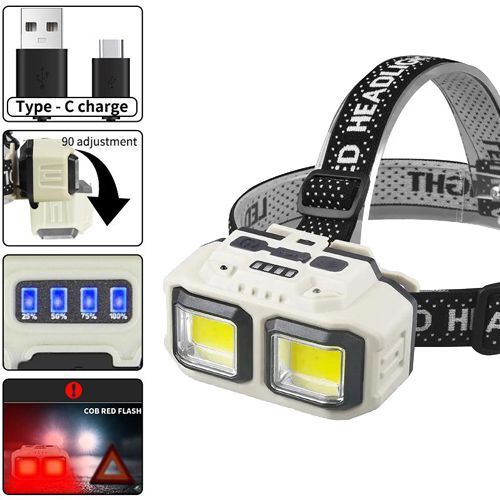Ліхтарик на чоло HX-816-2COB(white+red), Waterproof, 1x18650, ЗУ Type-C