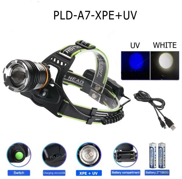 Ліхтар налобний PLD A7-XPE+UV, 2x18650, ЗУ microUSB, zoom