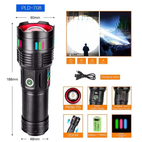 Ліхтар NIGHT VISION FLUORESCENCE 708 WHITE LASER LED PM30-TG, Power Bank, 1x38650, ЗП Type-C
