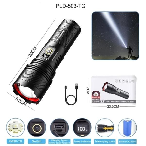 Ручний ліхтарик PLD 503 TG, 3х18650, power bank, Type-C, zoom, Box
