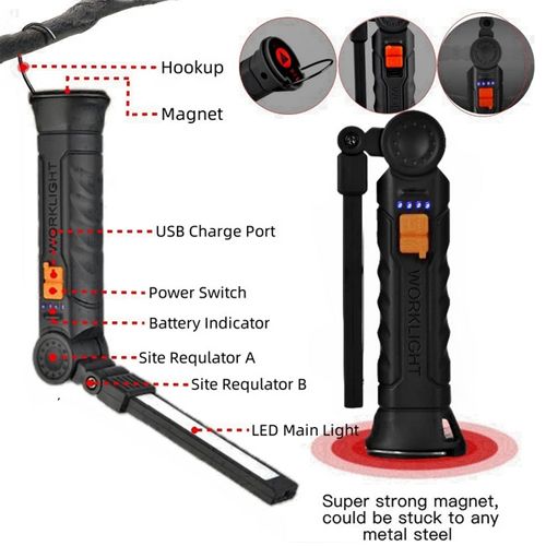 Ліхтар WORKLIGHT-G52-LED+COB, Li-Ion акумулятор, індикація заряду, поворот 180º+180º, магніт, гак, ЗУ Type-C