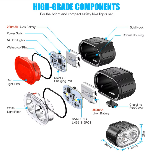 Велоліхтар зі стопом ZH-078-2LED, waterproof, ЗУ microUSB