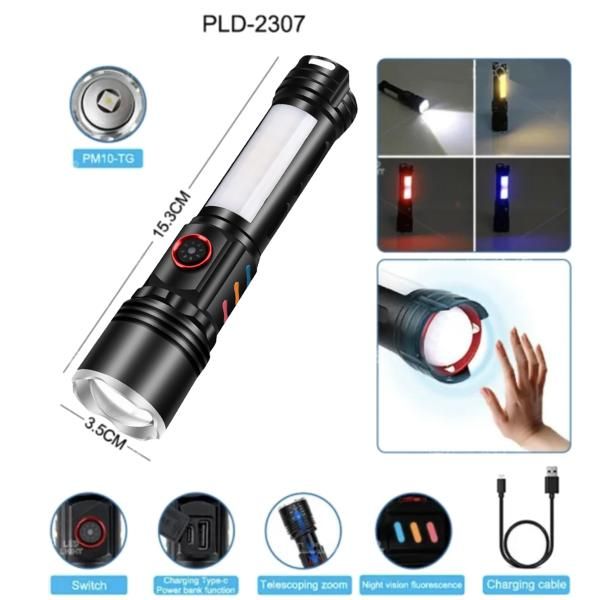 Ліхтар Police FLUORESCENCE PLD-2307 WHITE LASER LED PM10-TG+COB(red+blue+yellow), Motion Sensor Li-Ion акумулятор, power bank, ЗУ Type-C, zoom