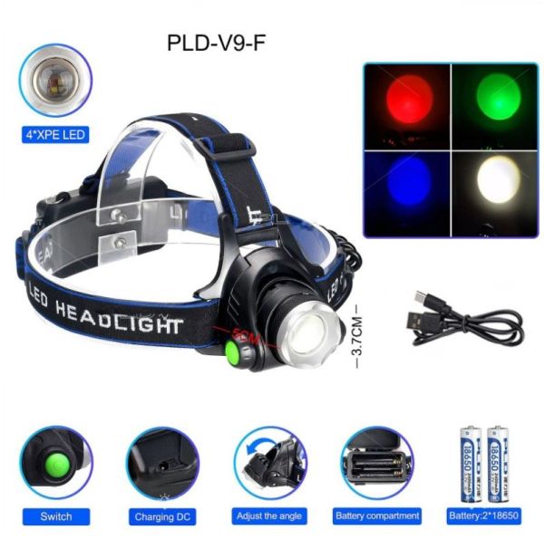 Ліхтари на чоло PLD V9-F-4XPE (RGB), 2x18650, ЗУ 220V/12V, zoom, Box