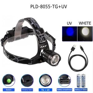 Ліхтар налобний PLD 8055-2PM10-2TG(WHITE+UV), 2x18650, ЗУ Type-C, zoom, Box