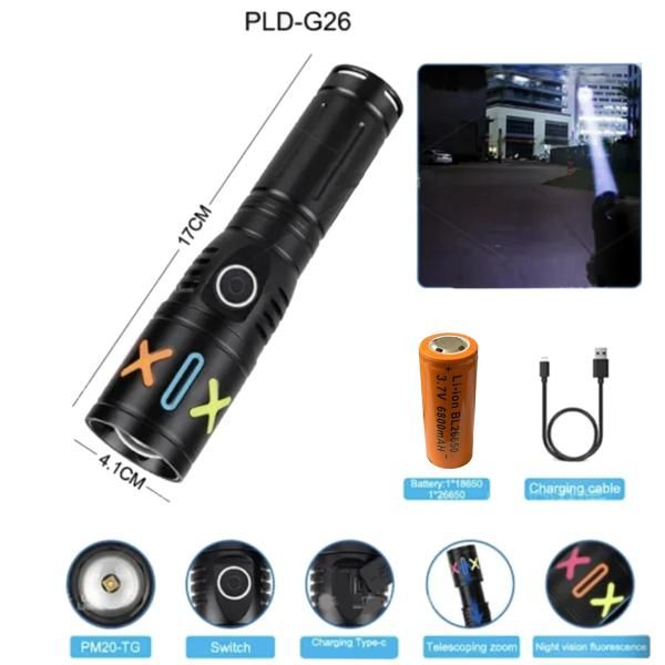 Фонарь ручной X-BALOG FLUORESCENCE G26 PM20-TG, 1х26650/3xAAA, ЗУ Type-C, zoom