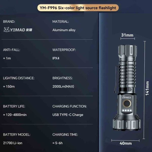 Ліхтар YEMAO YM-F996 — багатофункціональний ліхтар 2000LM з UV