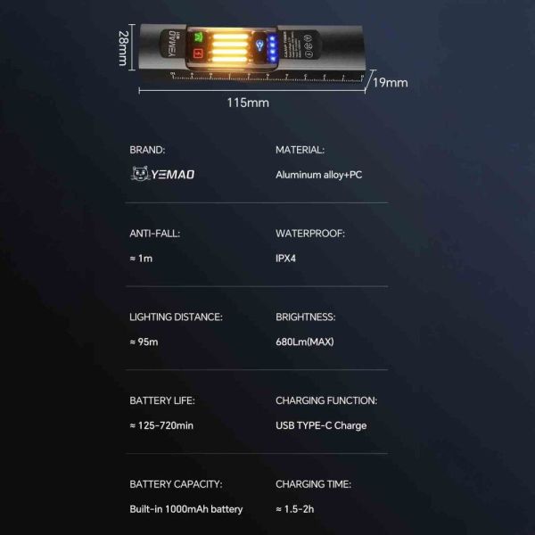 Ліхтар YEMAO YM-M31 P50 + лазер + RGB — Type-C, магніт